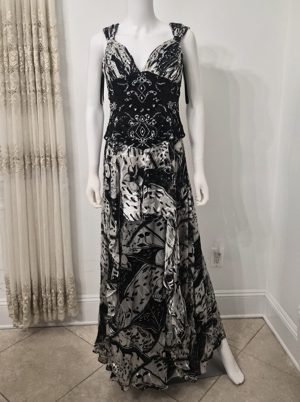 Terani Couture Black and White Beaded Bodice Maxi Dress